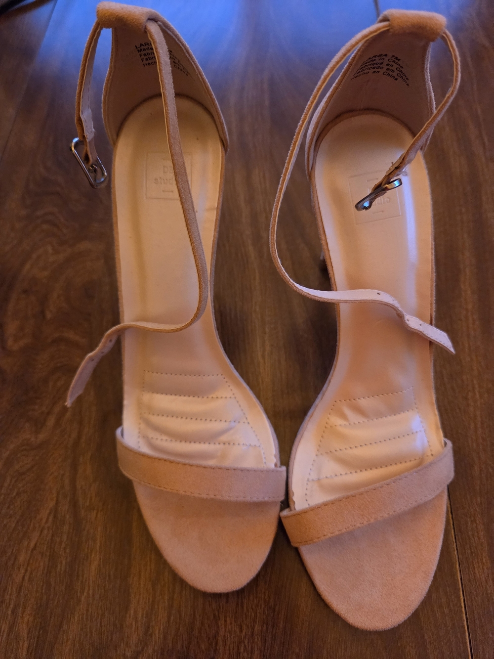 Ankle-Strap Open-Toe Heels in Light Nude Suede
